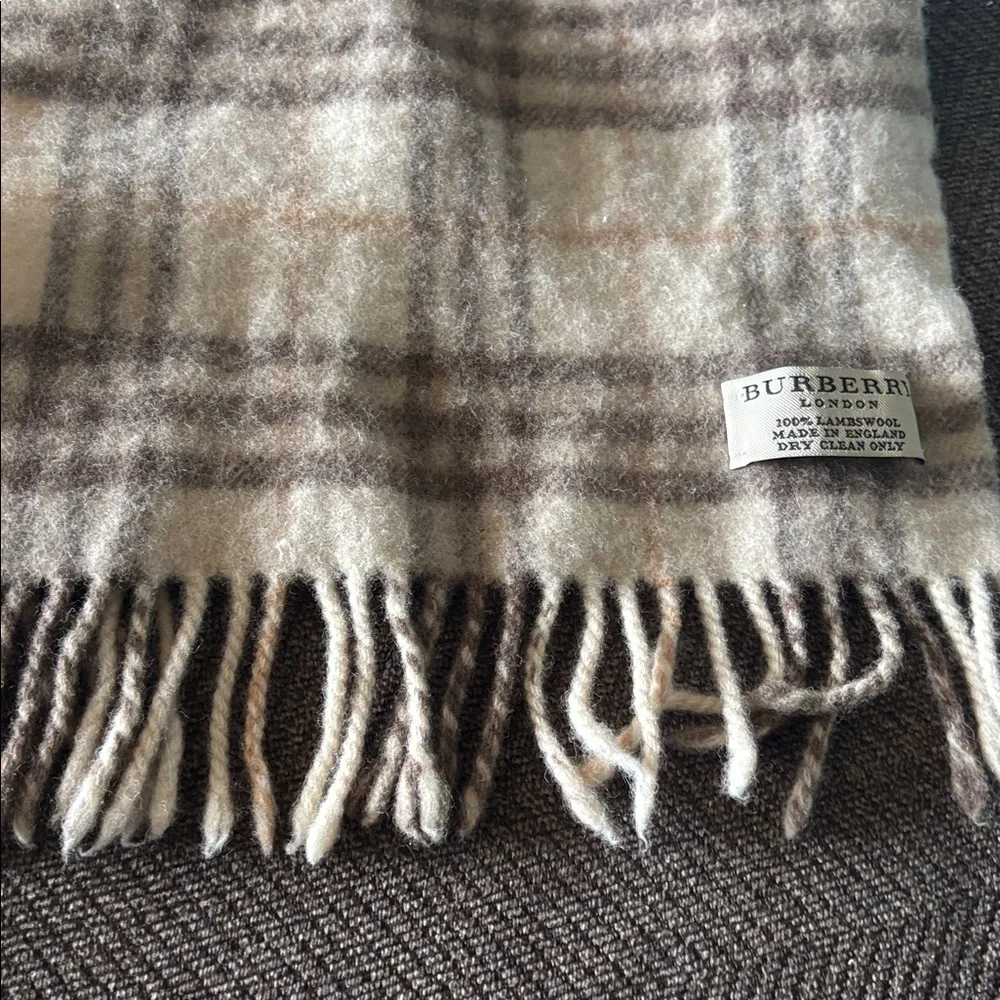 Burberry Cream and Brown Plaid 100% lamb wool scarf